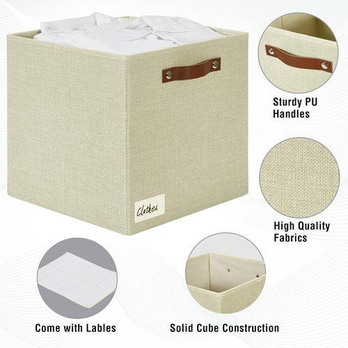 Bagnizer Collapsible Fabric Storage Cube Bins - Foldable Organizer Baskets with 2 Handles | 13"x13"x13", Beige, 4 Pack