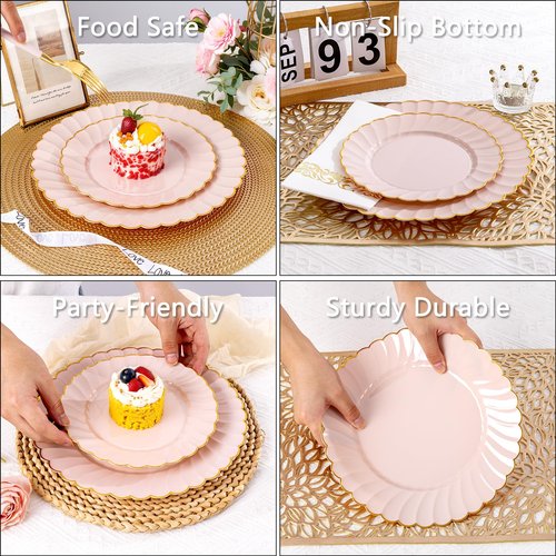 Ciaell 175 PCS Pink Scalloped Plastic Plates with Gold Trim - Pink Plastic Silverware with Handle - Fancy High-End Dinnerware Sets for Wedding & Baby Showers & Party & Easter
