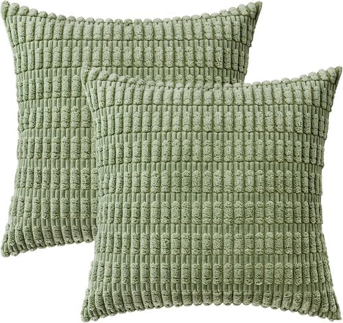 MIULEE Decorative Throw Pillow Covers - Soft Boho Striped Corduroy | 18x18 Inch Sage Green, Pack of 2