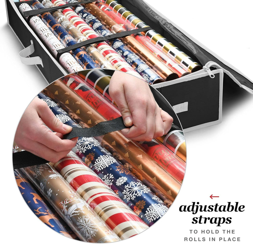 Premium Wrapping Paper Organizer - Heavy-Duty Gift Wrap Holder with Extra Pockets | Fits Up to 27 Rolls (Black)