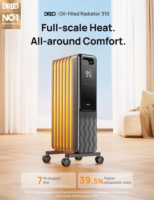 DREO Electric Radiant Heater - 1500W Oil Filled Radiator with Remote Control & 24h Timer | Quiet & Safe for Large Rooms