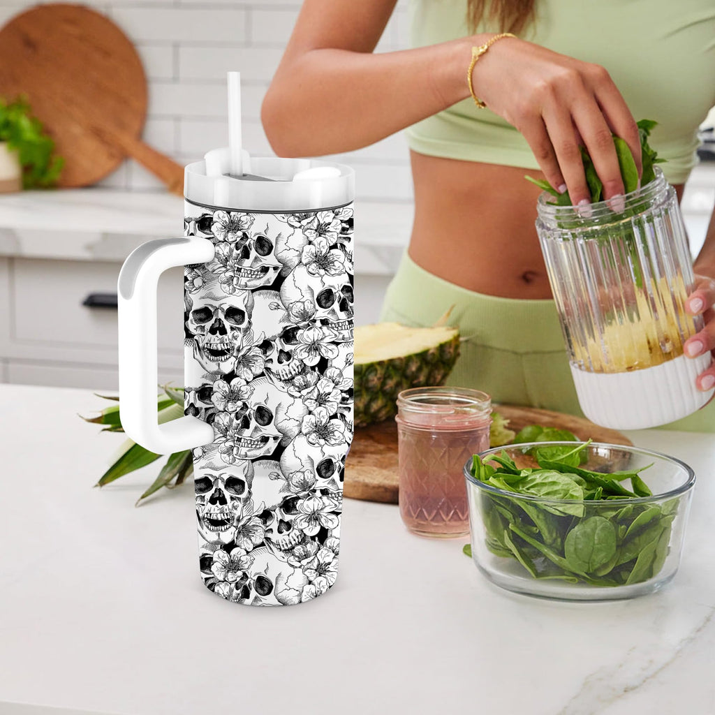 Equoza Flower Skull Halloween 30oz Tumbler with Handle Gift for Her Travel Mug Double Wall Vacuun Insulated Cup with Lid and Straw (Pack of 1)