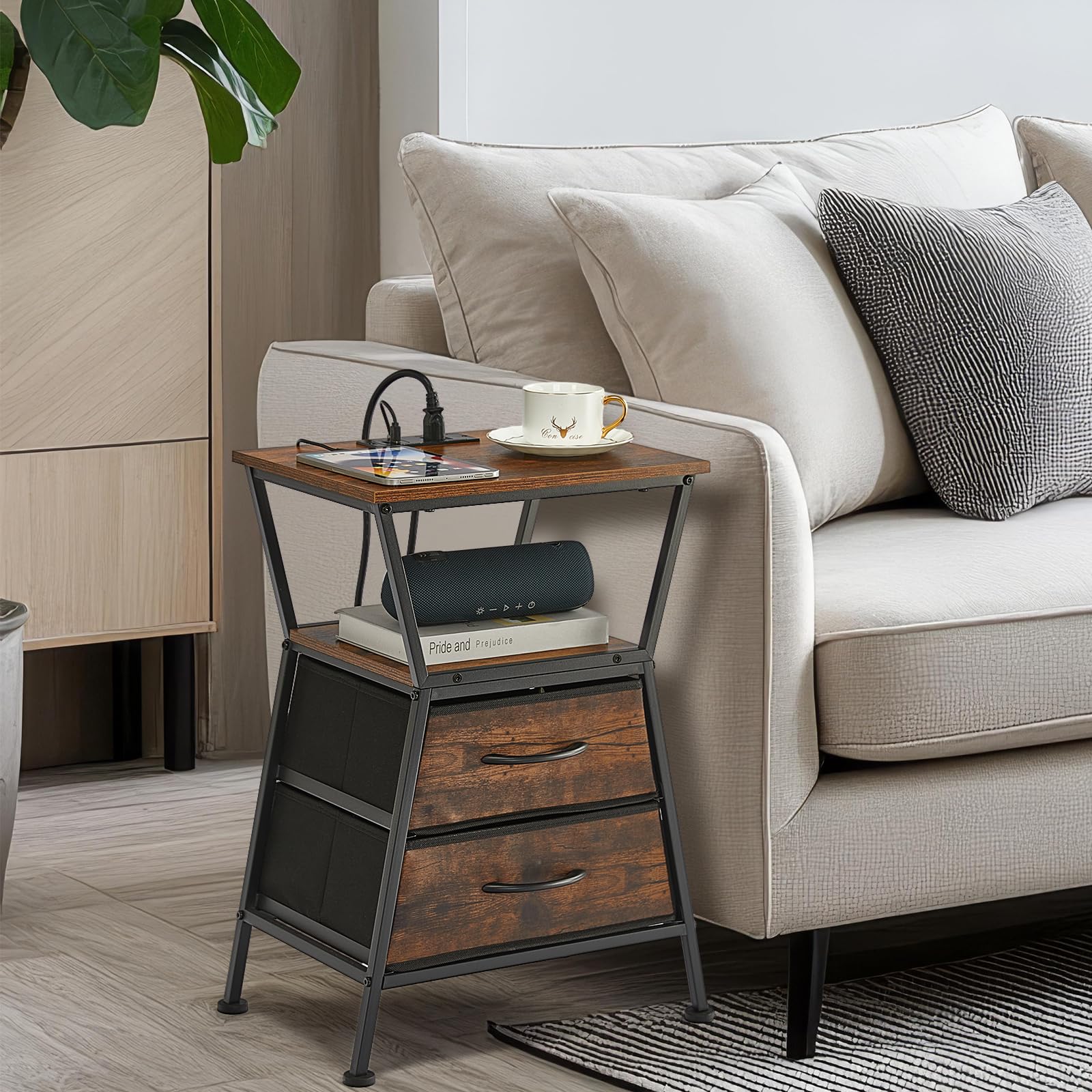 ZEXVIDA Nightstand with Charging Station, Side Tables for Bedroom with Built-in USB Side Table with 2 USB Ports and Outlets Nightstand with Cloth Drawer End Tables Living Room Sofa Couch