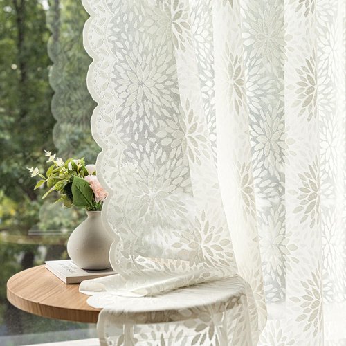 MIULEE Vintage Lace Curtains - 84-Inch Long Floral Scalloped Semi-Sheer Panels | Ivory, 52" W x 84" L