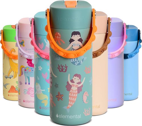 Elemental Insulated Kids Water Bottle - 18oz Stainless Steel with Straw Lid & Pop-It Handle | Leak-Proof for School & Sports - Mermaid Sisters