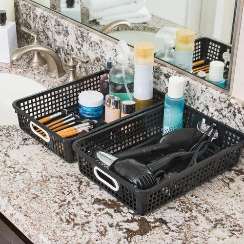 Really Good Stuff Small Plastic Paper Baskets, 14" x 10" x 3.25", 12 Pack, Black, Plastic Mesh Baskets for Classroom, Home, and Office, Fits A4 Paper, Documents, Files, Magazines
