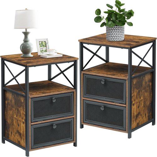 VECELO Nightstand Set of 2, End Table with Flip Drawer, Modern Night Stand for Bedroom,Living Room, Office, Easy Assembly, Walnut Brown
