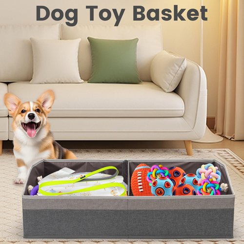 Large Dog Toy Basket With Handle, Foldable Dog Toy Box for Living Room Area, 28.5" Basket for Dog‘s Toys, Clothes, Organizers and Storage with Hard Board, Anti-slip for Pet Toys (Gray, Large)