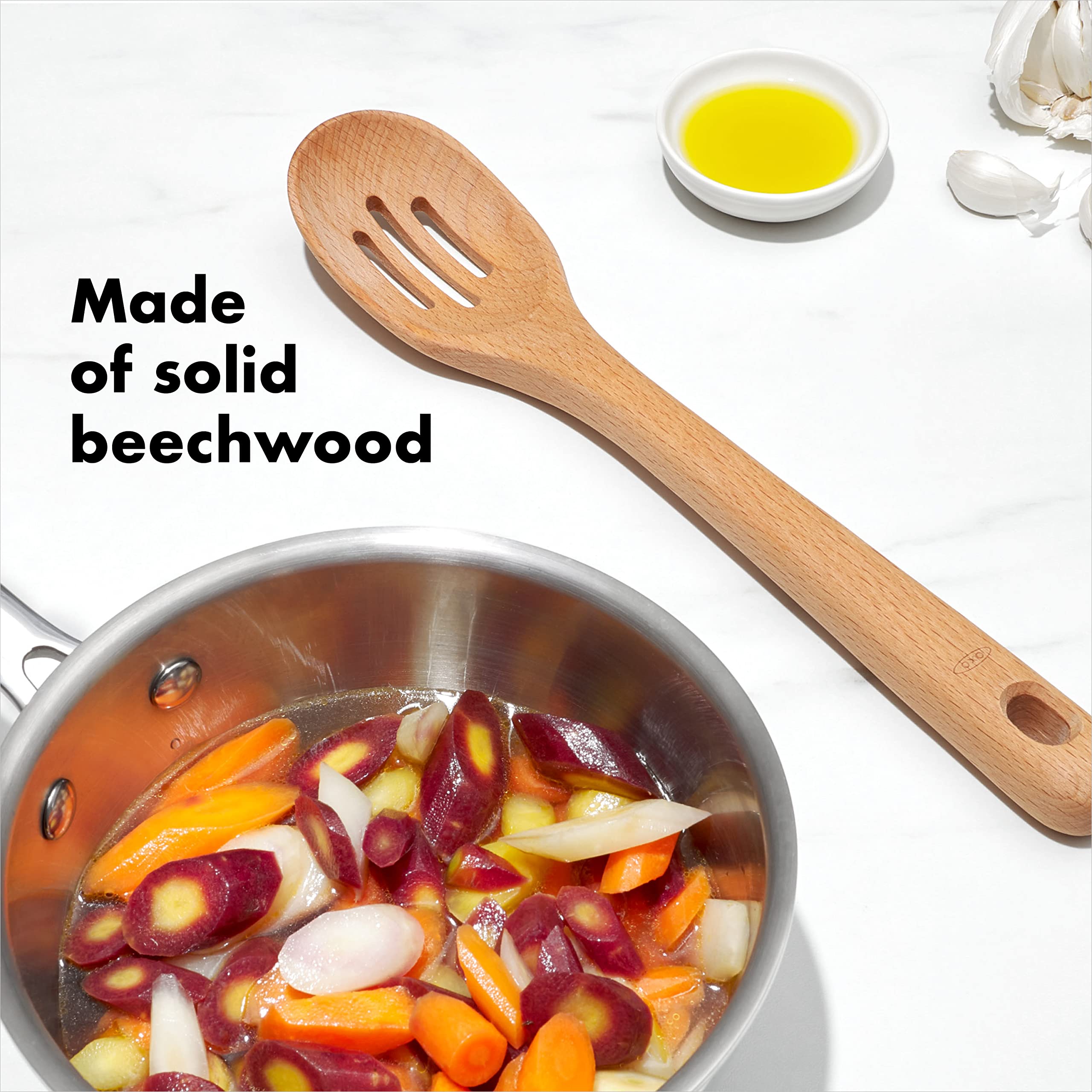 OXO Good Grips 3‑Piece Wooden Utensil Set, Solid Beachwood Spoon, Slotted Spoon and Turner