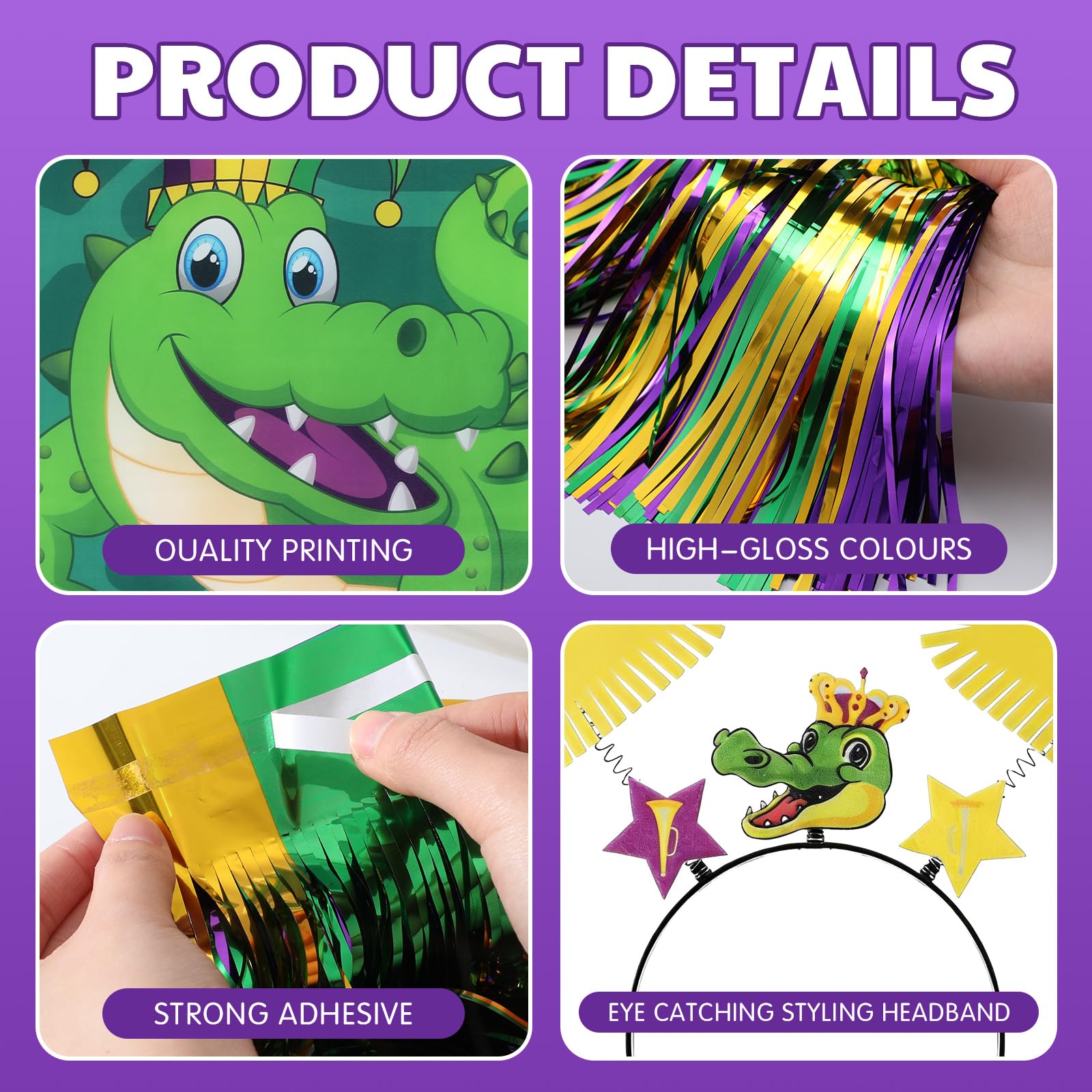 Saypacck 6 Pcs Mardi Gras Wagon Float Decoration Set 1 Crocodile Cloth 1 Crown 1crocodile Head 1beige Cotton Twine Net 1purple Golden Rain Curtain 1felt Hairband for Carnival Float Parade Party Supply