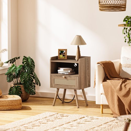 SUPERJARE Nightstands Set of 2, Night Stands with Charging Station & PE Rattan Decor Drawer, Bed Side Tables with Solid Wood Feet, End Table, for Bedroom, Living Room, Walnut