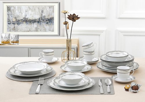 Lorren Home Trends Victoria-24 24 Piece Victoria Design Porcelain Wavy Edge Dinnerware Set, White