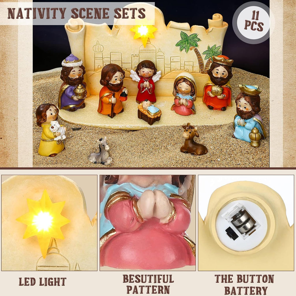 Skiennix Mini Christmas Nativity Set - 11 Colorful Figurines with Light & Rearrangeable Manger Decor