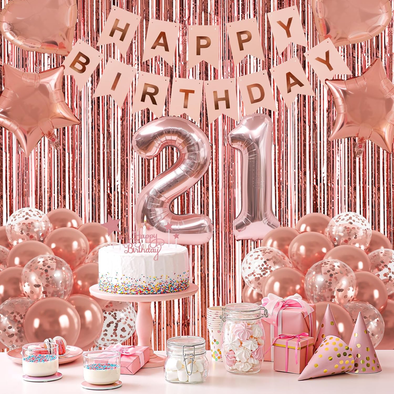 RUBFAC 21st Birthday Decorations - Elegant Rose Gold Sweet 21 Party Kit with Banner & Balloons