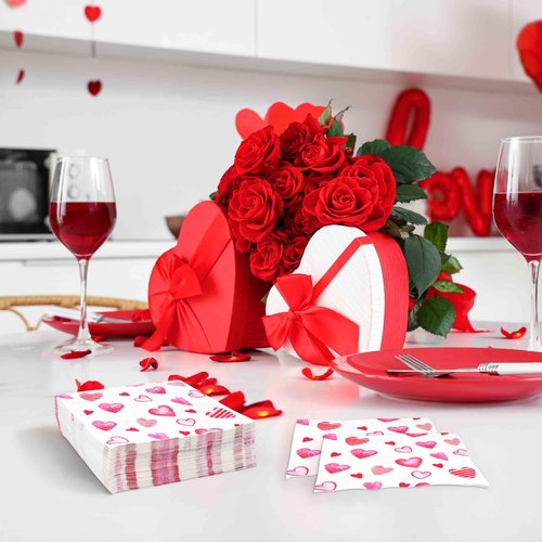 100 Pink Heart Cocktail Beverage Napkins Disposable Paper Love Hearts Dessert Napkin for Valentine's Day Wedding Party Supplies Tableware Decor