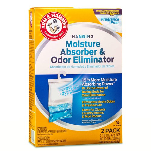 Hammer Hanging Moisture Absorbers and Odor Eliminator - 1 Fragrance Free & 1 Clean Burst - Humidity Packs Traps Moisture - Fresher Air - Humidity Absorber Dehumidifier Bags - 2 Pack, Packed by ILIOS