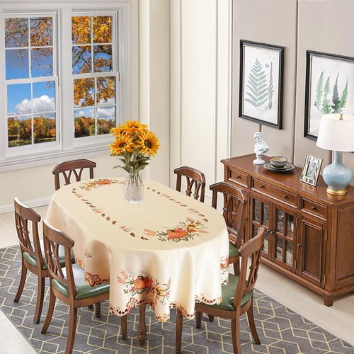 Simhomsen Large Embroidered Oval Fall Autumn Harvest Pumpkins Tablecloth for Thanksgiving (Oval 57×118 inches)