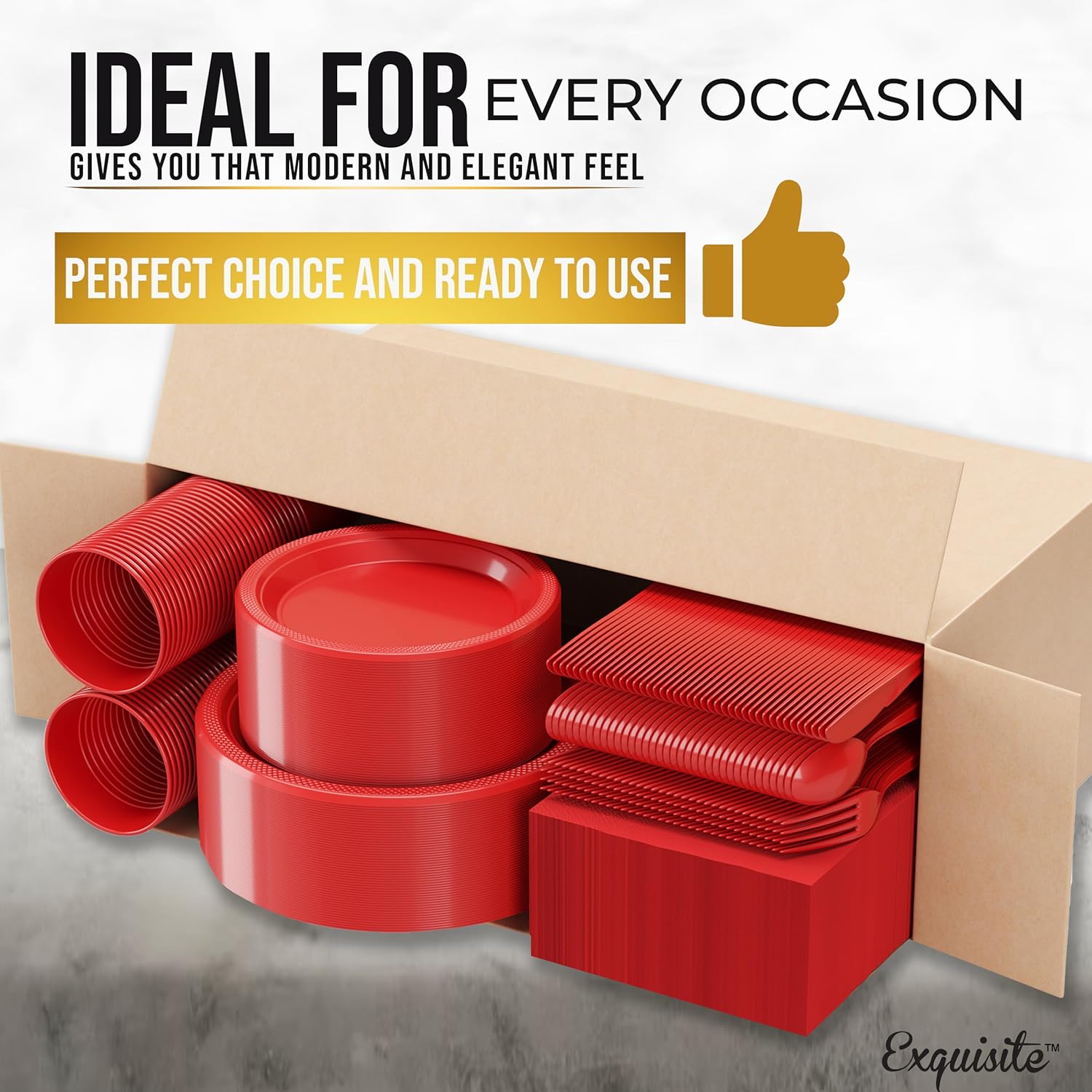 Regine Switzerland 350 Pcs Red Plastic Plates Set - Disposable Dinnerware with Cups & Cutlery | 9" & 7" Sizes