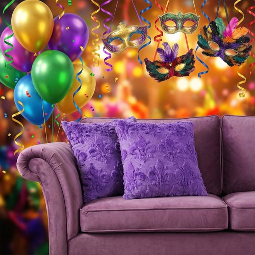 Tegeme Set of 2 Mexican Pillow Cover 18 x 18 Inch Mexican Themed Throw Plush Faux Fur Wool Pillow Case with Purple Fleur De Lis Decor for Home Sofa Couch Bedroom Living Room Cushion Cover