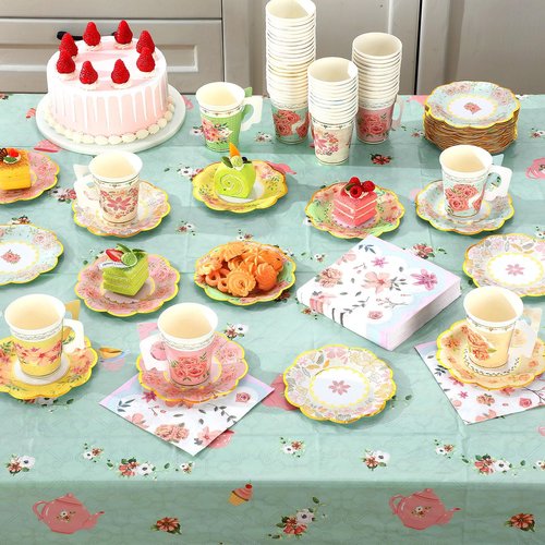 Yungyan 108 Pcs Tea Party Plates and Napkins Sets Serve 36 Guests Floral Disposable Tea Party Supplies Paper 6" Plates and Napkins and 9 oz Cups with Handle for Garden Spring Birthday Wedding
