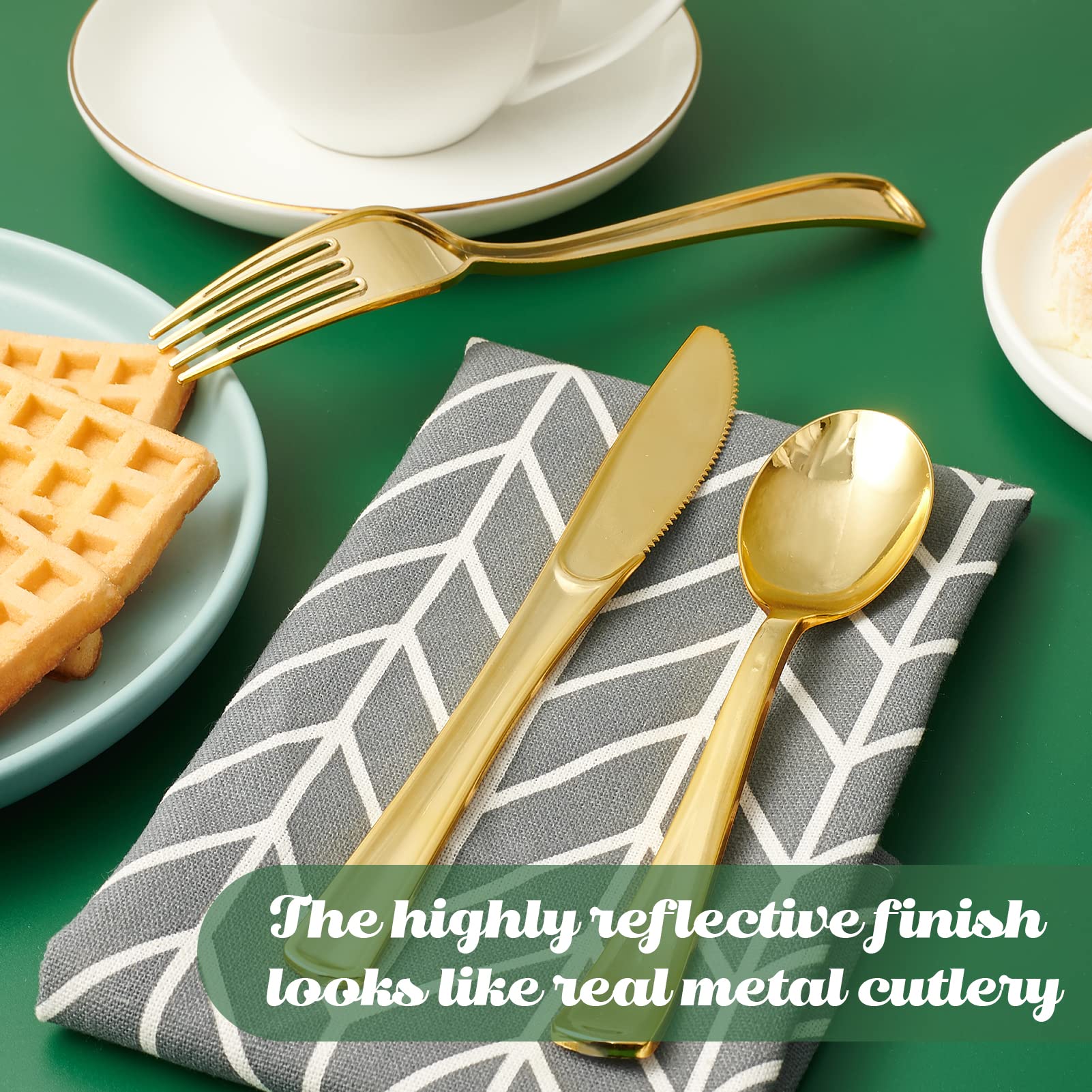 FOCUSLINE 75 Pack Gold Plastic Silverware Disposable Cutlery Set - 25 Forks Knives Spoons - Disposable Flatware Heavy Duty Plastic Utensils Set for Catering, Parties, Dinners, Weddings