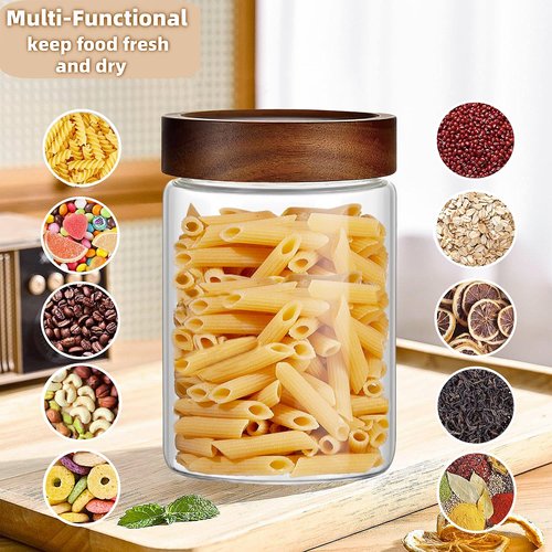 Brighomrom Set of 2 Glass Food Storage Jars, Premium Clear Glass Container Jar with Airtight Wooden Screw Lid, Kitchen Canisters for Coffee,Tea,Pasta,Cookies, Nuts,Spice,Candy,Overnight Oatmeal