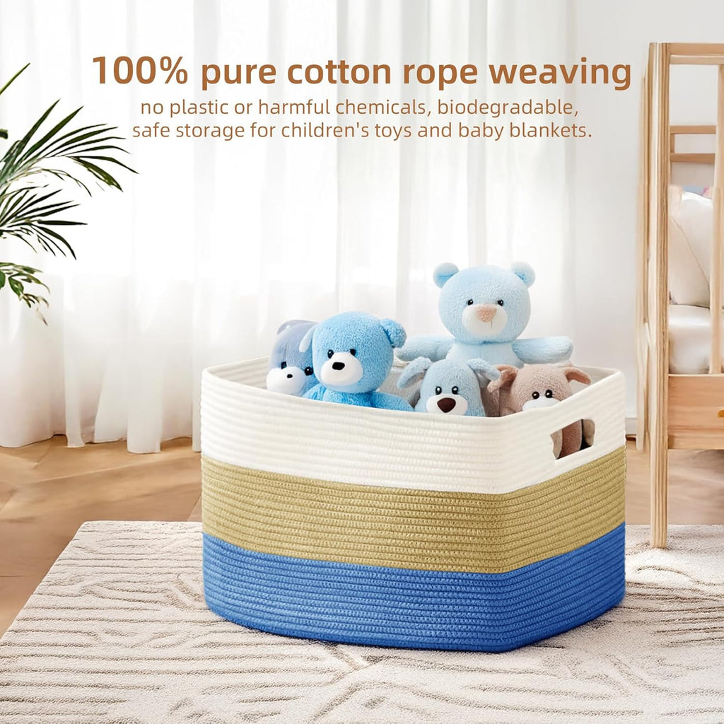 Skiennix Cotton Rope Basket - Large Woven Storage Solution for Blankets, Toys & Laundry | 72L, White & Dark Blue