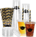 Whaline 50Pcs 12Oz Graduation Cups - Black Plastic Cups with Lids & Straws for Party Supplies