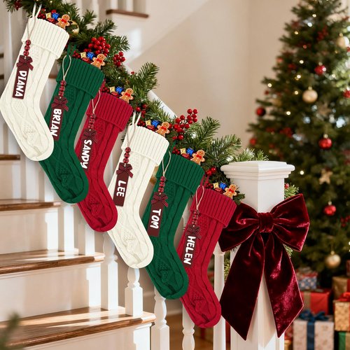 YSZquildore Personalized Christmas Stockings 18 Inch Large (6 Pack) - Knitted Xmas Stockings with DIY Wooden Name Tags for Fireplace Mantel, Family Holiday Decor (White&Red&Green)