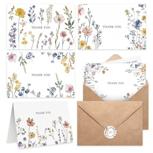 XXINMOH 102 PACK Floral Thank You Cards With Envelopes (4"x6") - Wildflower Blank Cards With Adhesive Envelopes & Matching Stickers for Wedding, Bridal Showers, Baby Showers, Birthday, All Occasion