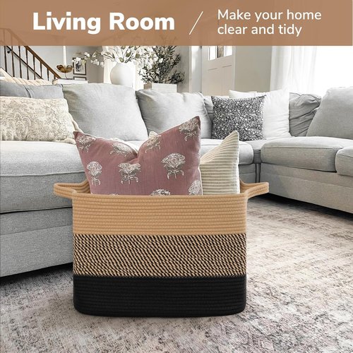 Goodpick Large Woven Basket - 18" x 14" x 12" Cotton Rope Storage for Organizing | Black & Jute Design