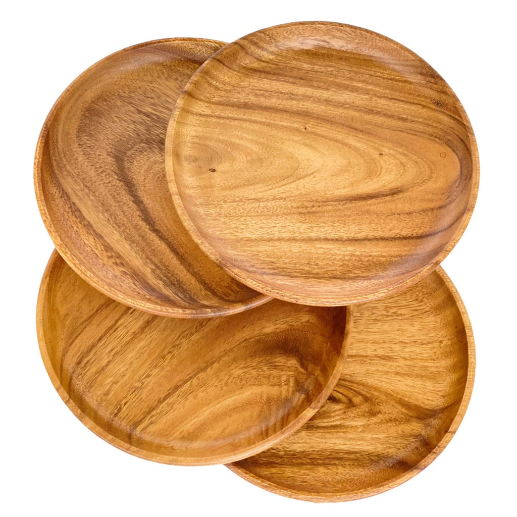 WRIGHTMART Set of 4 – 10 Inch Round Acacia Wood Dinner Plates – Solid Hardwood Wooden Plates for Steak, Pasta, Salad, BBQ, Charcuterie – Natural Wood Grain Dinnerware