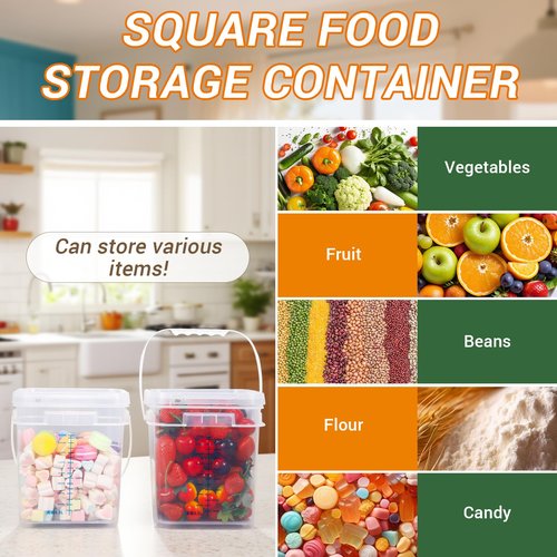UMETASS 1Gal Clear Square Bucket with Airtight Lids, BPA-Free Food Storage Container for Kitchen Pantry, Meal Prep, Snack, Rice, Flour, Pet Food - Transparent Bucket with Scale Marks (2x4 Qt, 2x1 Qt)