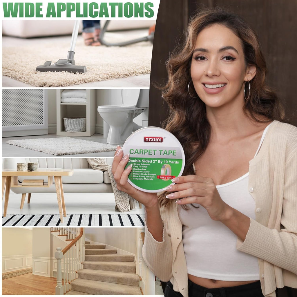 YYXLIFE Double-Sided Rug Tape | Strong Adhesive for Hardwood Floors - Non-Slip, Residue-Free, 2" x 10 Yards, White
