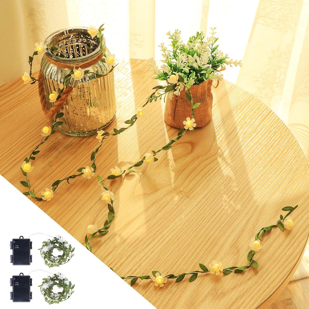 Vigdur Fairy String Lights - 2-Pack Tiny Leaf Garland with White Flowers, 15.2FT, 50 LEDs for Indoor/Outdoor Décor