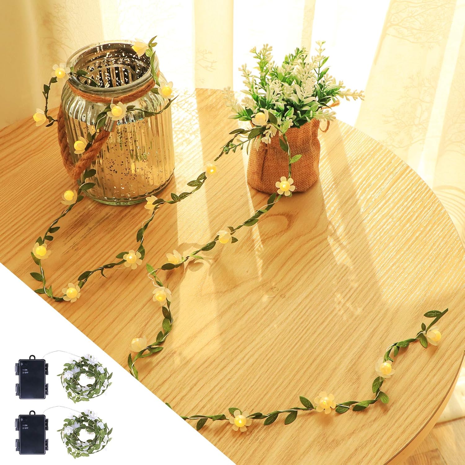 Vigdur Fairy String Lights - 2-Pack Tiny Leaf Garland with White Flowers, 15.2FT, 50 LEDs for Indoor/Outdoor Décor