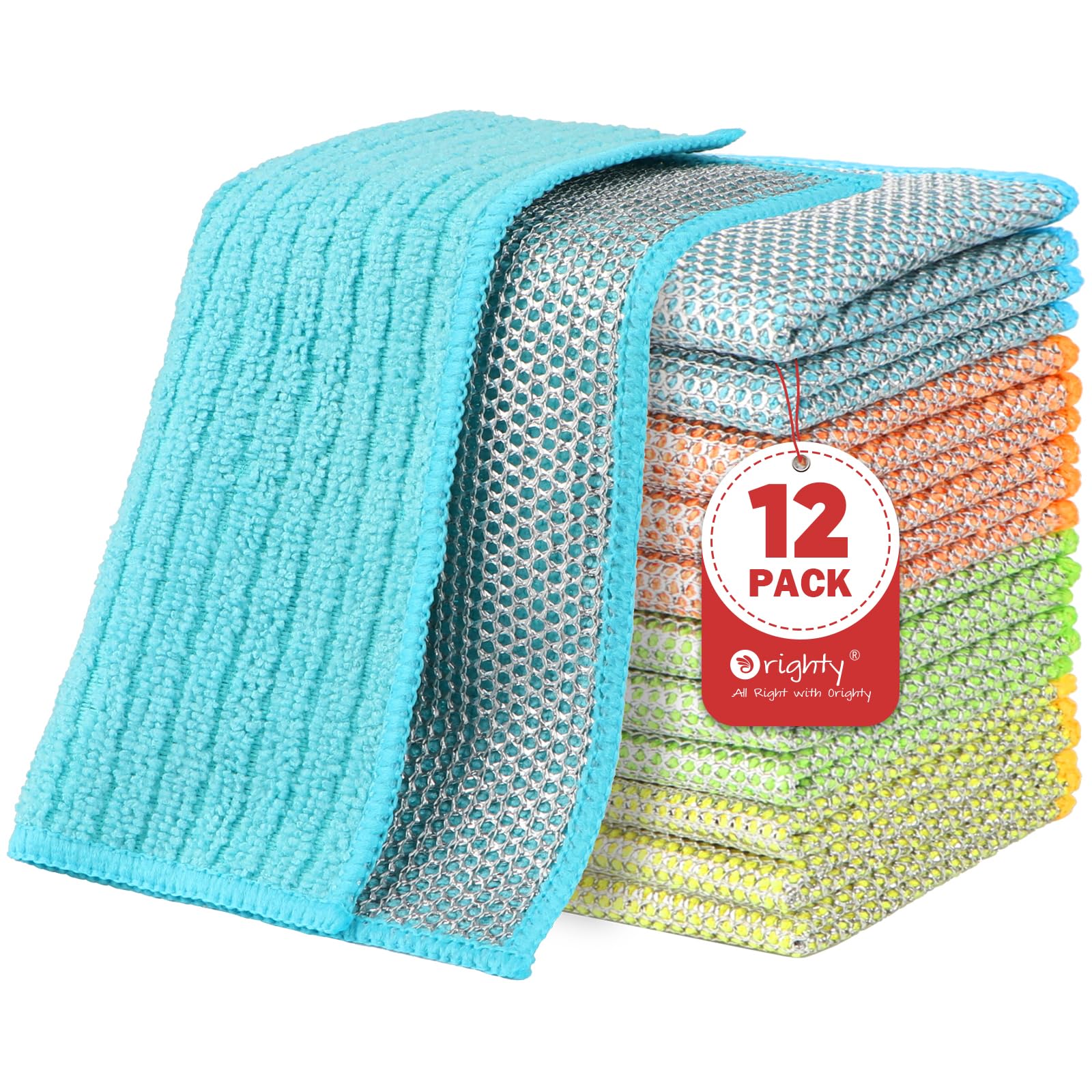 Orighty Multipurpose Wire Dishwashing Rag 12 Pcs, Upgraded Double-Layer Non-Scratch Wire Dish Cleaning Cloths, Kitchen Reusable Steel Scrubber, Powerful Dishcloth Rag for Cookware, Multicolor, 7"x8"