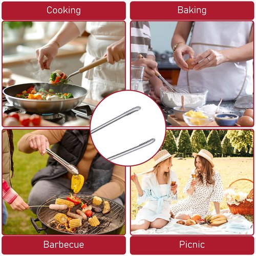 Non-Slip Tips Cooking Tongs 2 Set, One-Piece Stainless Steel Metal Tongs, Serrated Kitchen Tweezers Tong for Baking, Food Plating, BBQ(11.4" and 9.44")