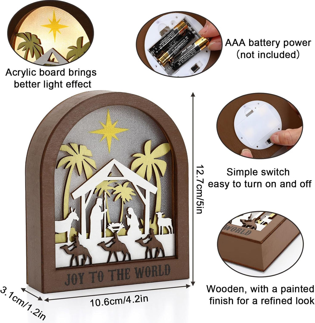 Wooden Nativity Scene | LED Christmas Decor with Acrylic Back Panel - Battery Powered Tabletop Ornament