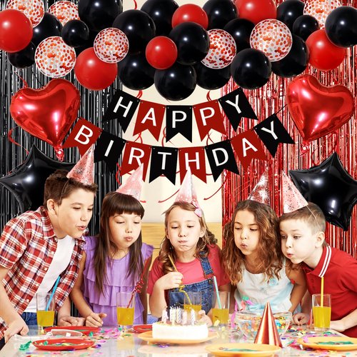 Recosis Red and Black Birthday Decorations, Happy Birthday Banner, Confetti Balloons, Fringe Curtain, Heart Star Foil Balloons, Hanging Swirls for Women Girls Birthday Princess Party Decorations