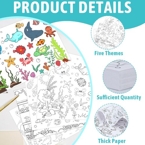 500 Pcs Coloring Activity Placemats 5 Themed Coloring Activity Sheets Paper Mat Bulk 14.2"x10.2" Disposable Dining Table Paper Placemat for Kids DIY （Animals,Sea,Planets,Dinosaurs,Train&Animals）