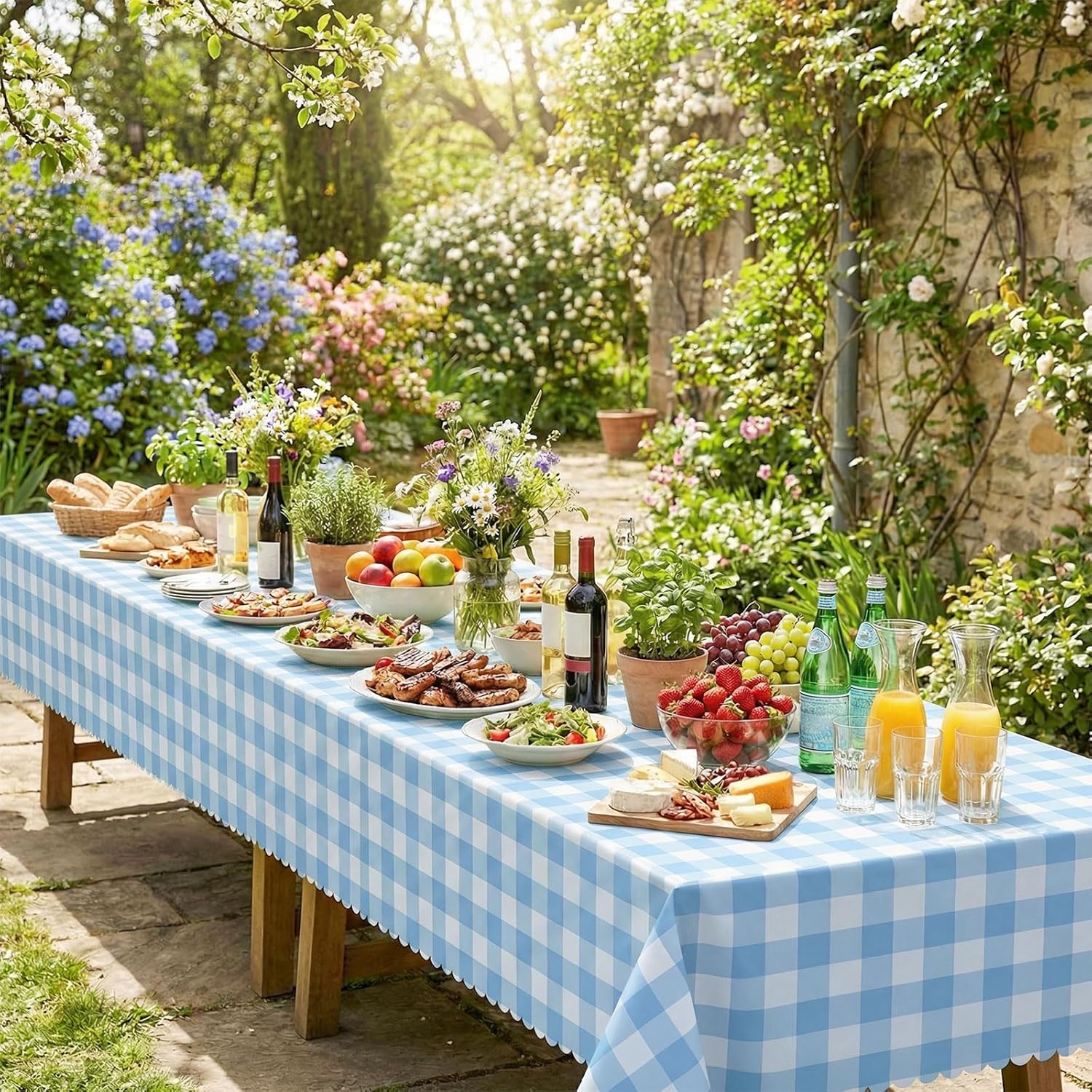 Skiennix Blue Gingham Tablecloths - 3 Pack | 54 x 108 Inch Scalloped Design for Parties & Events