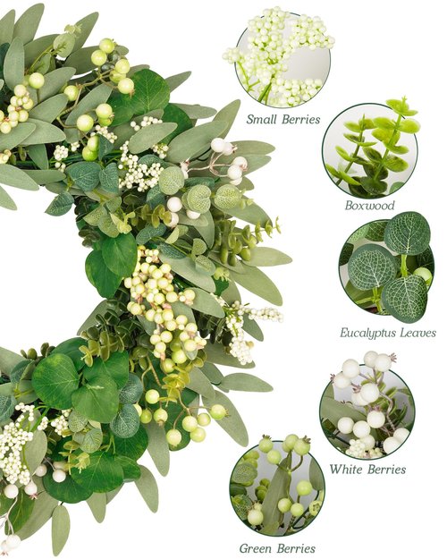 Vlorart 22 Inch Artificial Spring Summer Christmas Greenery Wreaths for Front Door Green Eucalyptus Leaf Wreath Decor Boxwood with Big Berries for Outside Year Round