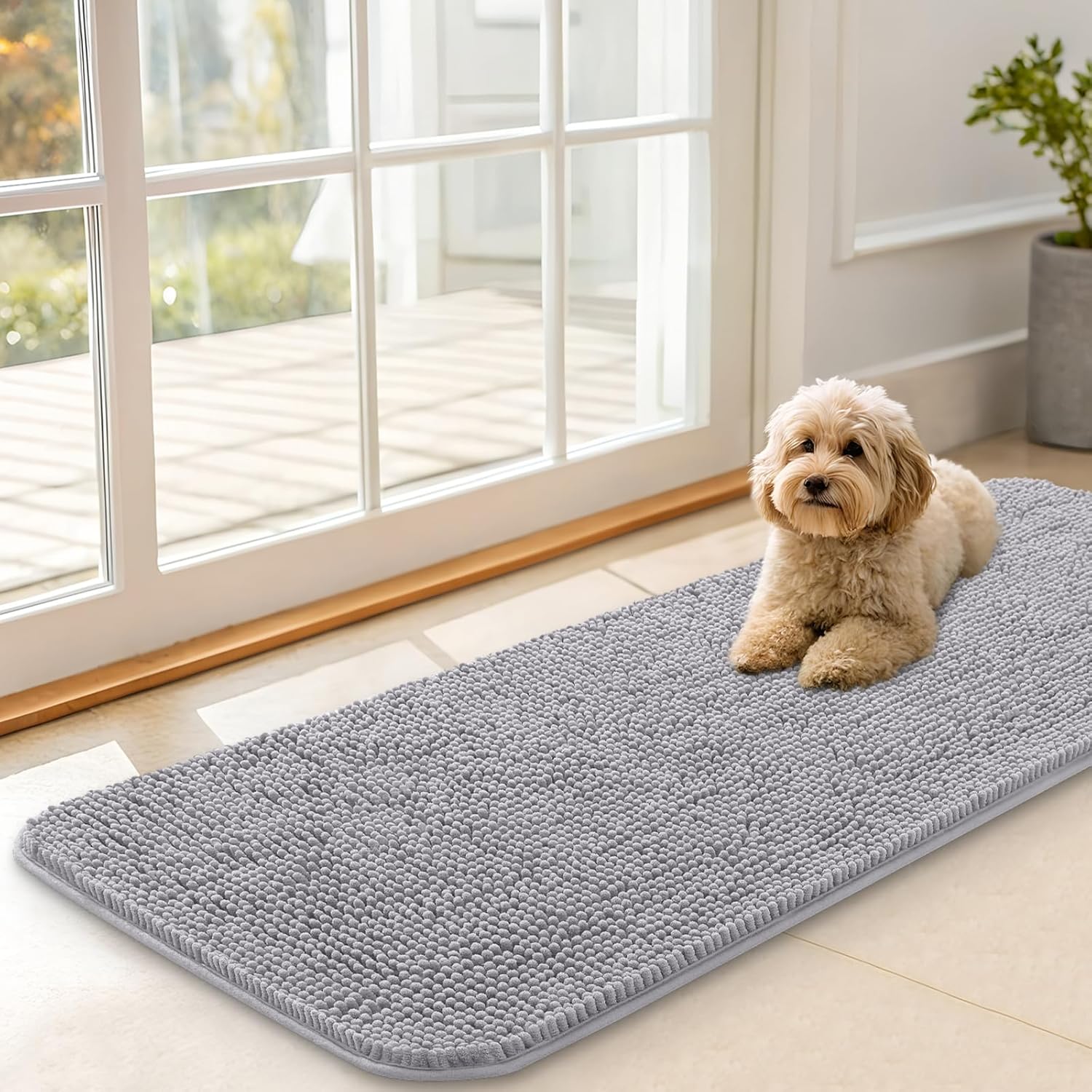 OLANLY Dog Door Mat - Absorbent Non-Slip Mud Mat for Indoor Use | 47x17 Inches, Light Grey