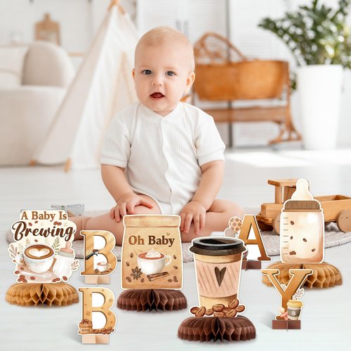 ANGOLIO 12 Pieces Coffee Baby Shower Party Honeycomb Centerpieces Coffee Latte Centerpieces Baby Is Brewing Honeycomb Party Decorations 3D Photo Prop for Gender Reveal Party
