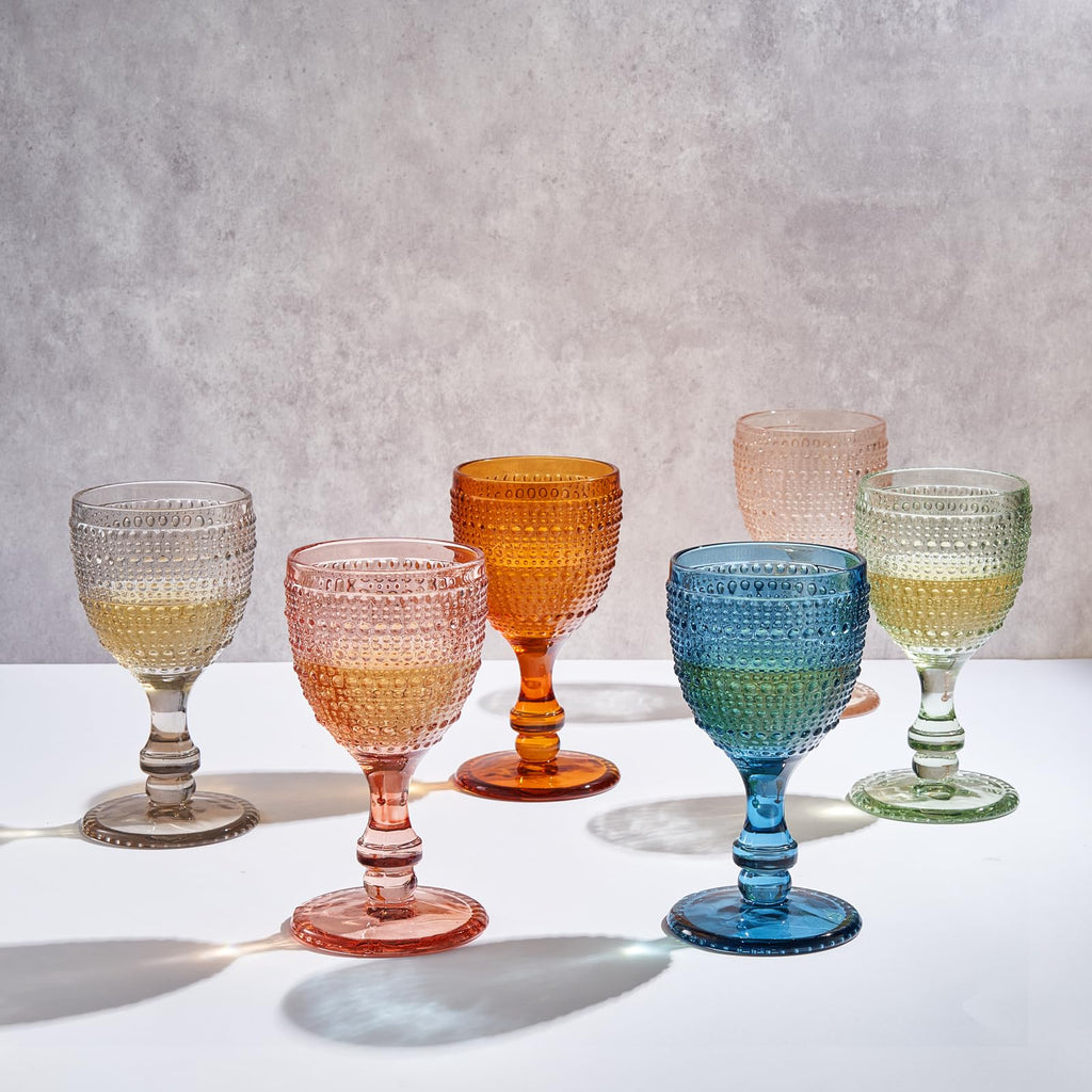 Khen Beaded Goblet Wine Drinking Glasses Set | Set of 6 | Vintage Hobnail Bubble Design Red or White Glassware, Old-Fashioned, Art Deco Glass for Water, Wine, Cocktail Dishwasher Safe (14.8 OZ)
