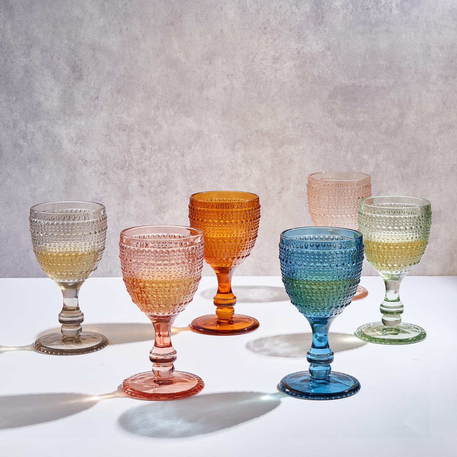 Khen Beaded Goblet Wine Drinking Glasses Set | Set of 6 | Vintage Hobnail Bubble Design Red or White Glassware, Old-Fashioned, Art Deco Glass for Water, Wine, Cocktail Dishwasher Safe (14.8 OZ)
