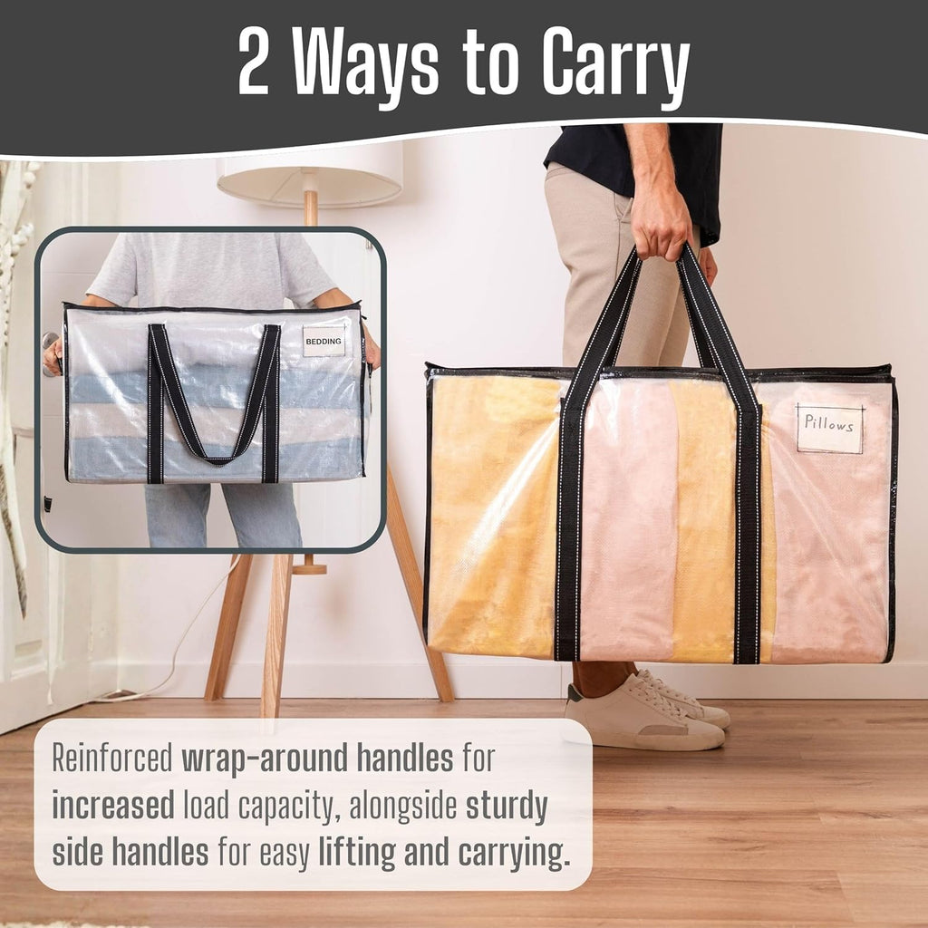 VENO Clear Moving Bags - 90L Extra Large Transparent Storage Totes with Heavy-Duty Reinforced Handles & Zippers