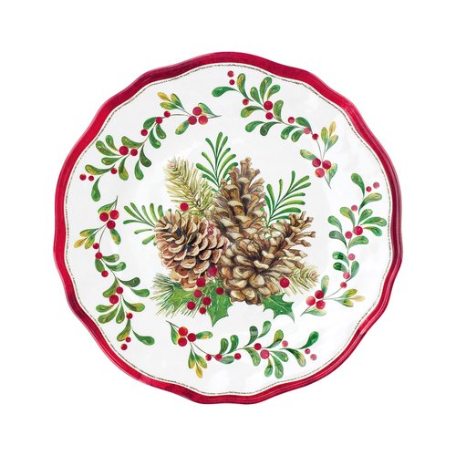 UPware 16 Piece Pinecones Melamine Dinnerware Sets, Outdoor Dishes Set, Plates and Bowls Sets, Christmas Decorations, Service for 4, Red