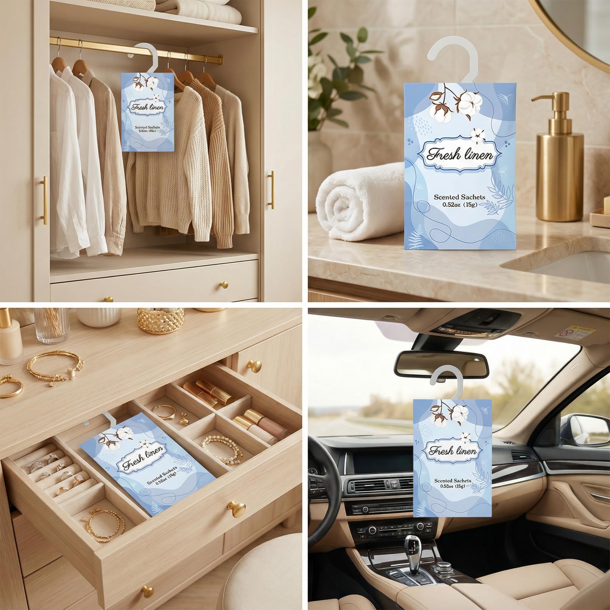Wifadtoop 12 Packs Fresh Linen Hanging Scented Sachets for Drawers and Closets with Retractable Hook| Long-Lasting Closet Air Freshener & Closet Deodorizer | Closet Scent Freshener (Fresh Linen)